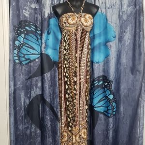 Brown and tan tie neck maxi dress sz L